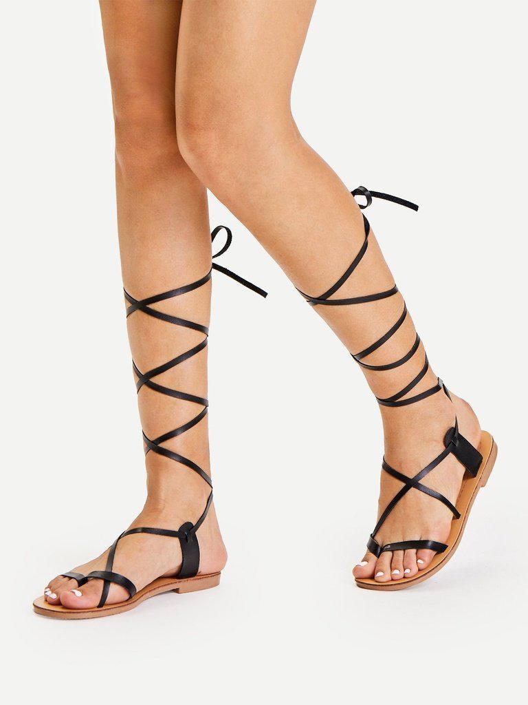 Lace Up Knee High Gladiator Sandal Boots-shoes-Des Mess