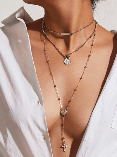 Cross & Bar Pendant Layered Necklace-jewelry-Des Mess