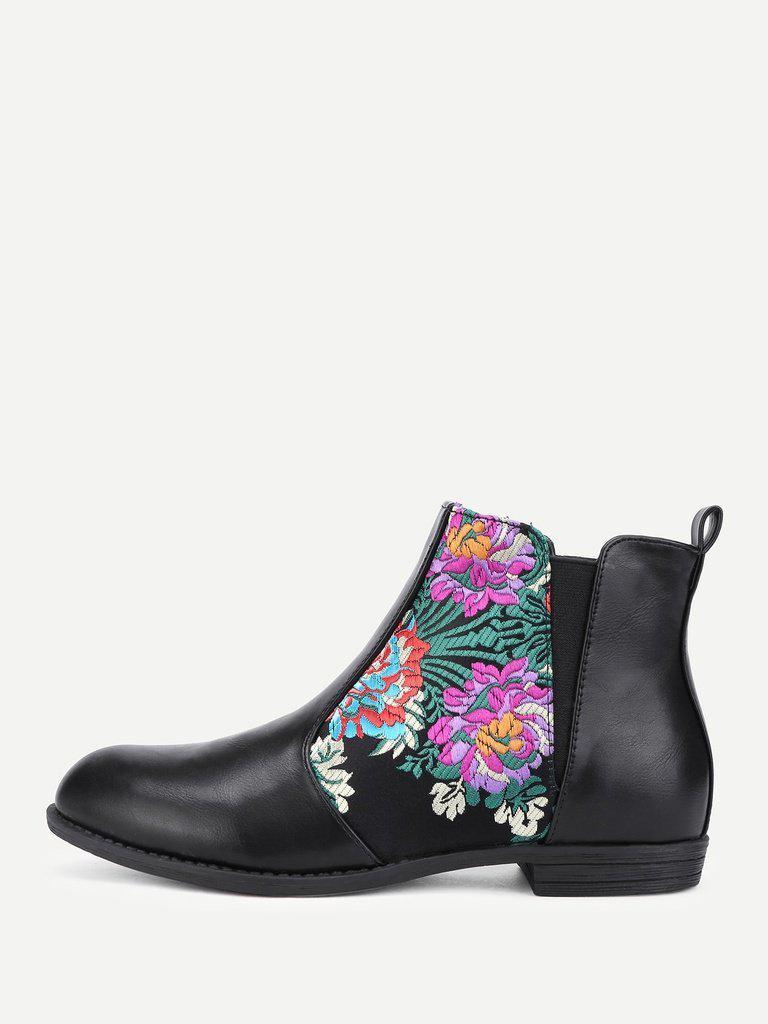 Flower Embroidery PU Flat Boots-shoes-Des Mess