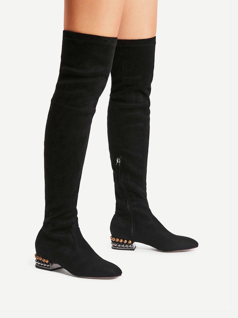 Square Toe Side Zipper Thigh High Boots-shoes-Des Mess