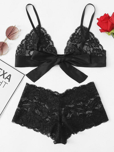 Tie Front Lace Bralette And Pantie Lingerie Set-lingerie-Des Mess