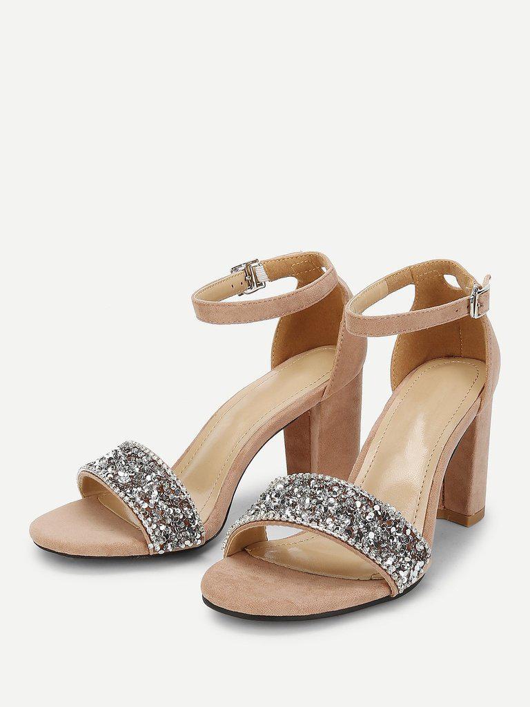Rhinestone Decorated Block Heeled Sandals-shoes-Des Mess