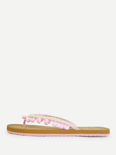 Pom Pom Decorated Flat Slippers-shoes-Des Mess