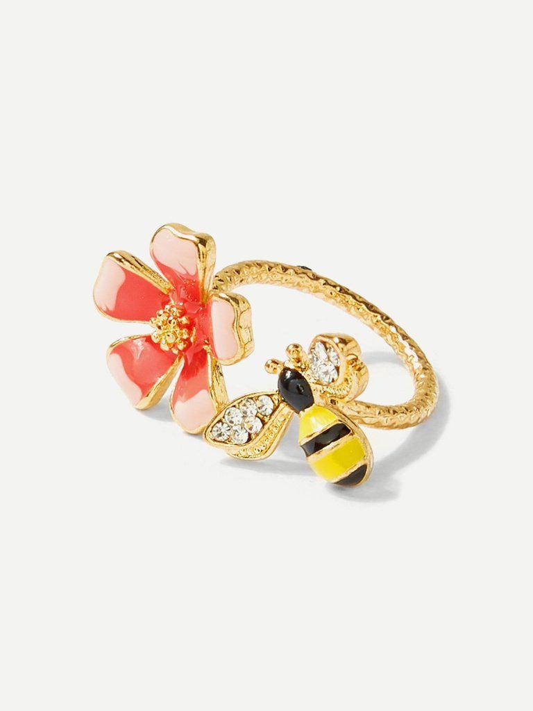 Flower And Bee Cuff Ring-jewelry-Des Mess