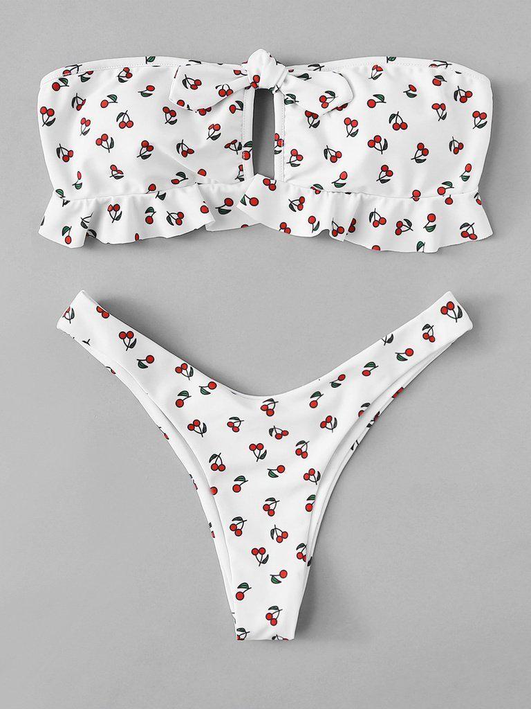 Cherry Print Knot Front Ruffle Bandeau Bikini Set-swimwear-Des Mess