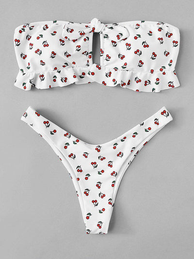 Cherry Print Knot Front Ruffle Bandeau Bikini Set-swimwear-Des Mess