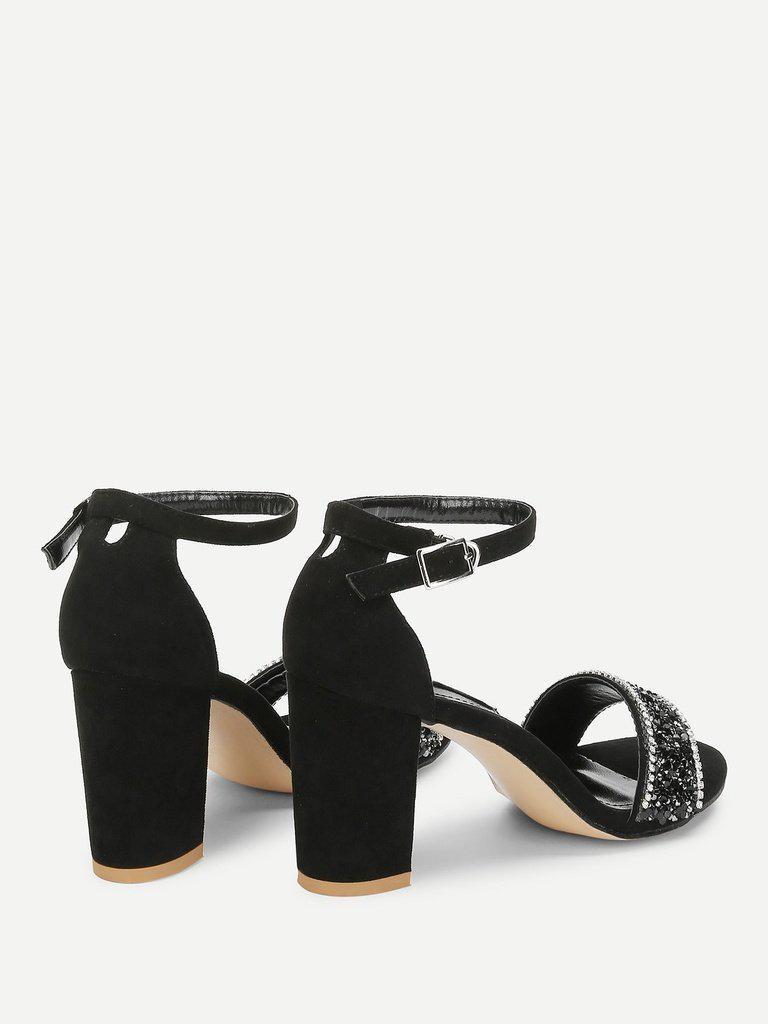 Rhinestone Decorated Block Heeled Sandals-shoes-Des Mess