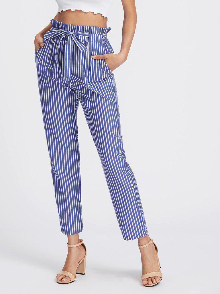 Self Tie Frill Waist Pinstripe Pants-bottom-Des Mess