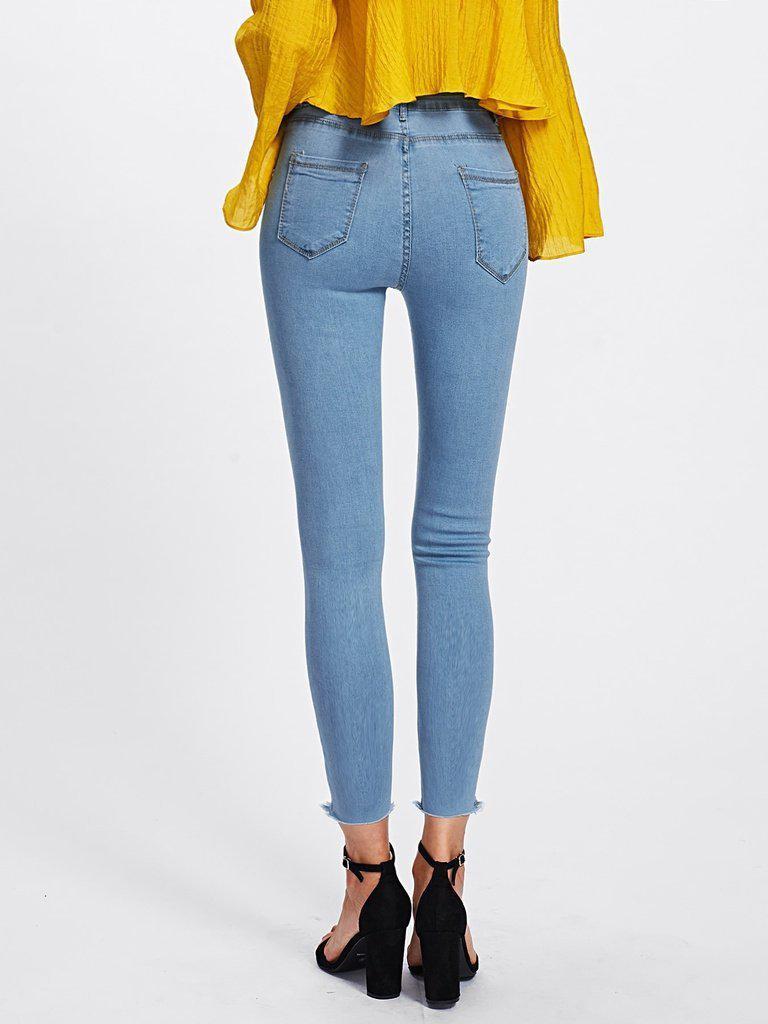 Ripped Frayed Hem Skinny Jeans-bottom-Des Mess