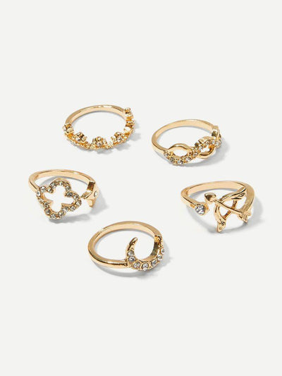 Bow & Moon Rhinestone Rings Set 5pcs-jewelry-Des Mess