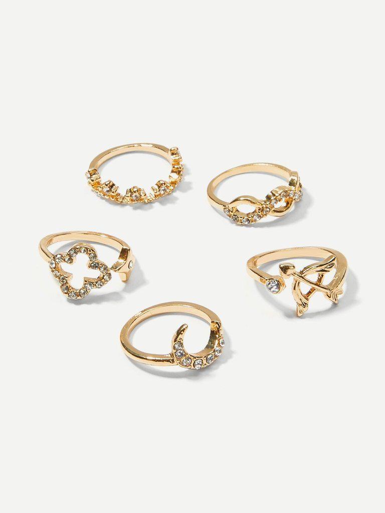 Bow & Moon Rhinestone Rings Set 5pcs-jewelry-Des Mess