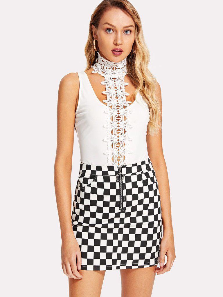 O-Ring Zipper Front Plaid Skirt-bottom-Des Mess