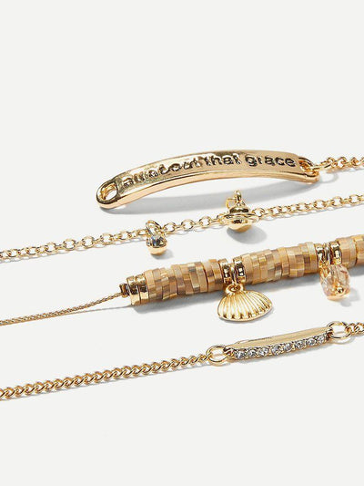 Shell & Letter Detail Chain Bracelet Set 4pcs--Des Mess