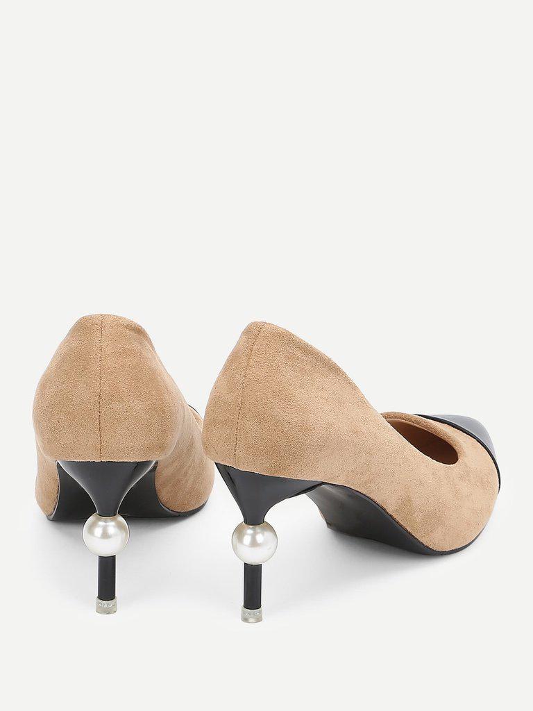 Faux Pearl Decor Cap Toe Heels-shoes-Des Mess