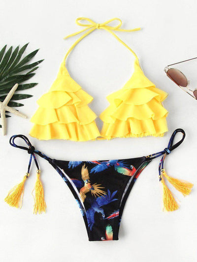 Bird Print Tassel Tie Flounce Bikini Set-swimwear-Des Mess