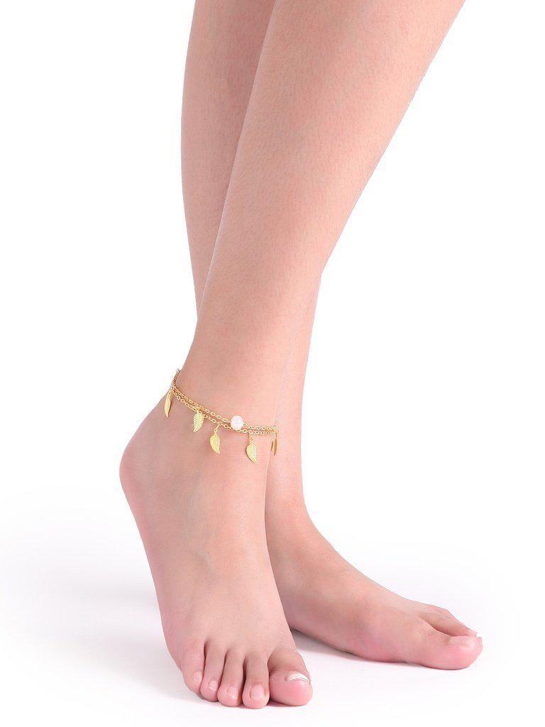 Gold Layered Pearl And Leaf Pendant Single Foot Chain-jewelry-Des Mess