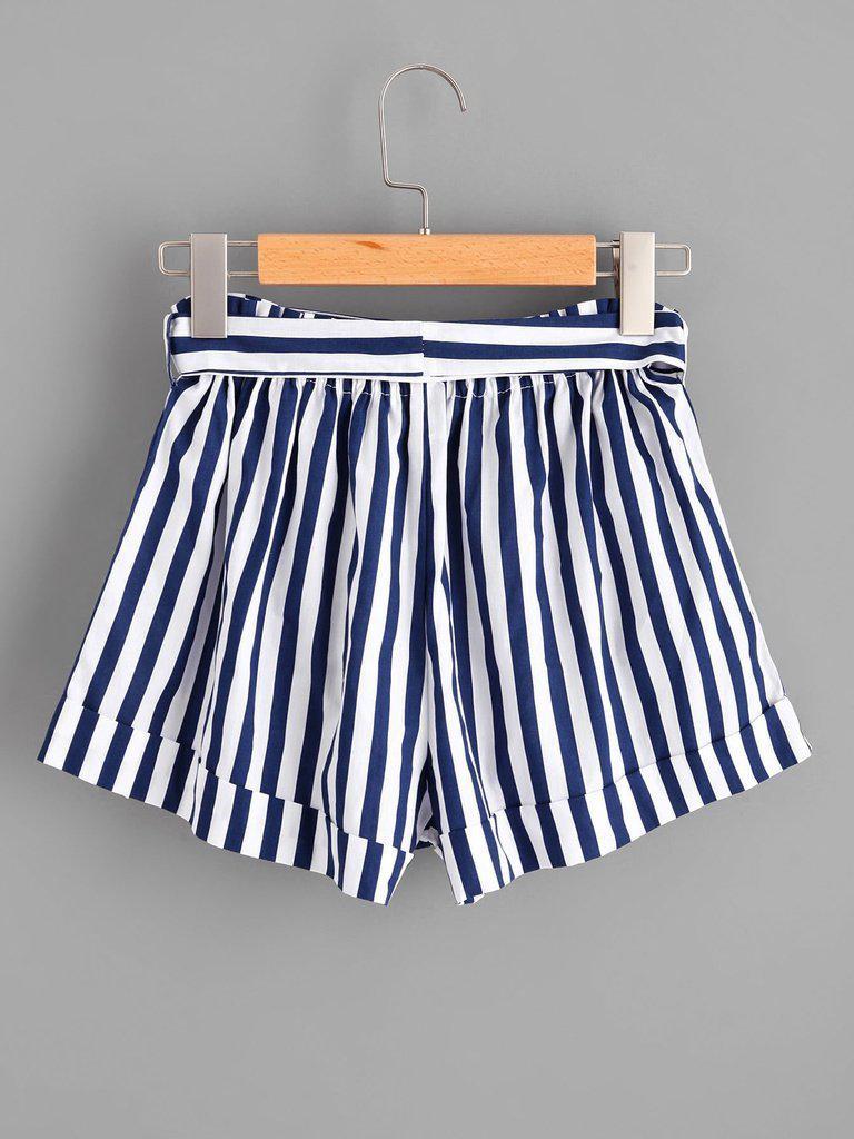 Striped Self Tie Waist Shorts-bottom-Des Mess