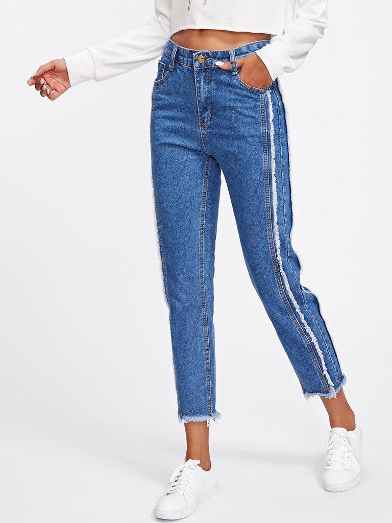 Frayed Trim Tapered Jeans-bottom-Des Mess