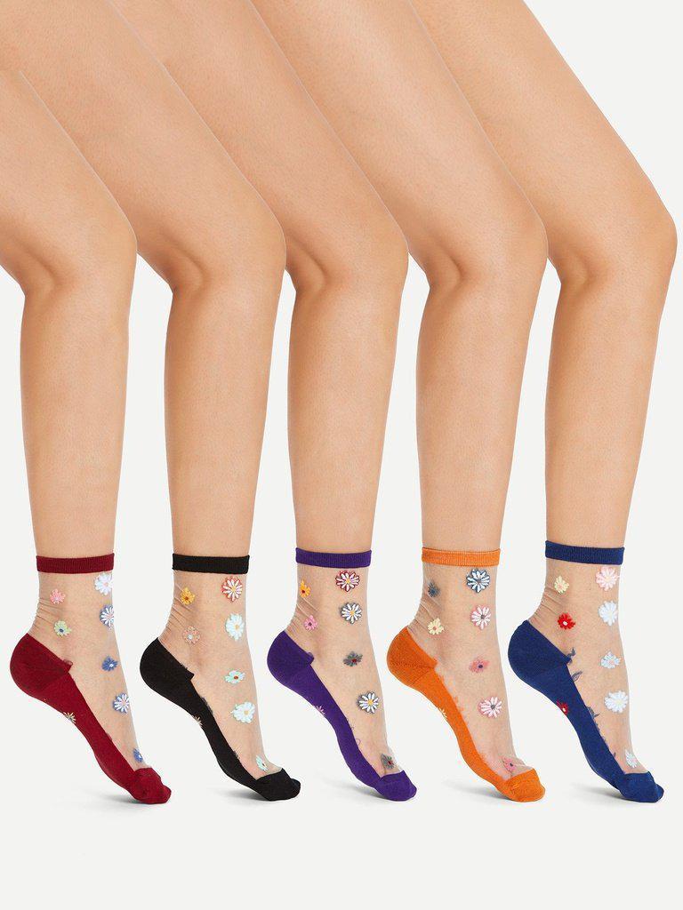 Flower Pattern Clear Design Ankle Socks 5Pairs-accessories-Des Mess