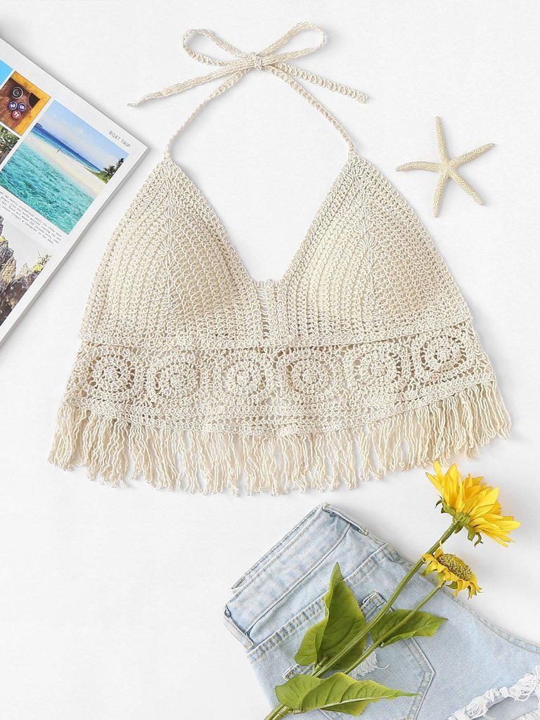Hollow Out Fringe Hem Crocheted Halter Top--Des Mess