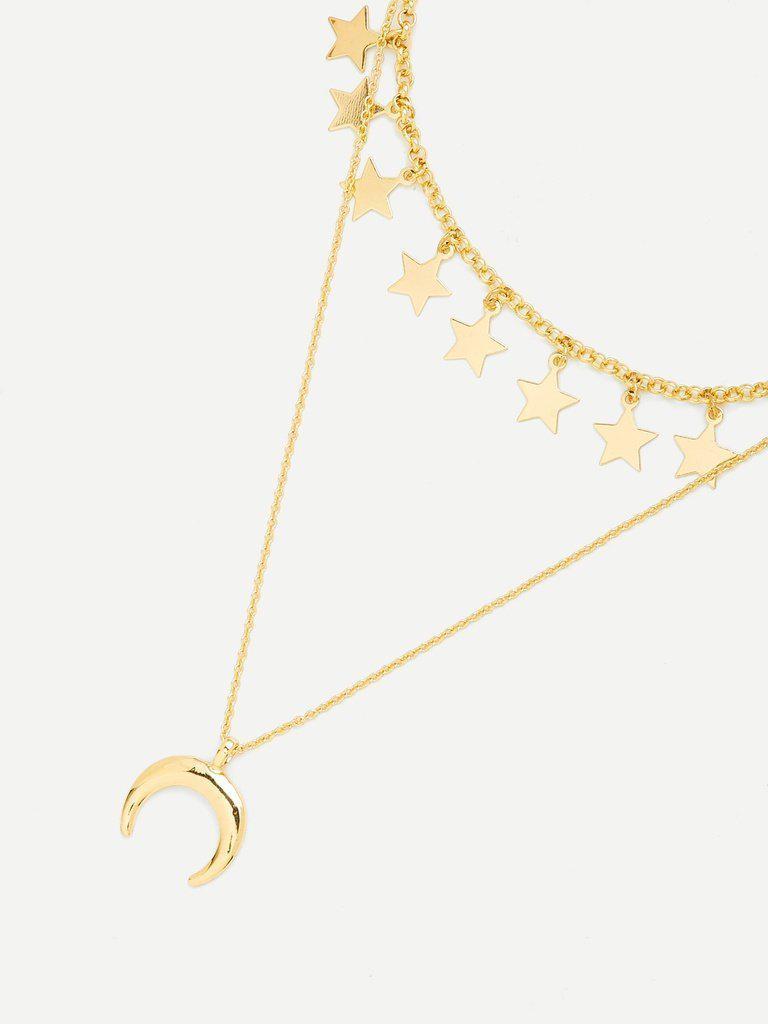 Moon Pendant Link Necklace With Star Charm-jewelry-Des Mess