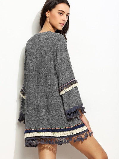 Grey Marled Knit Cardigan With Embroidered Tape And Fringe Detail-outerwear-Des Mess