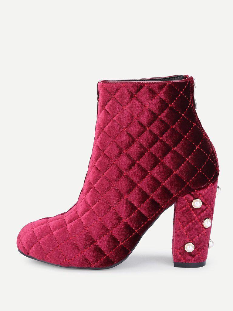 Faux Pearl Quilted Block Heeled Ankle Boots-shoes-Des Mess