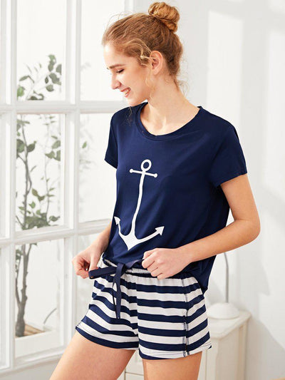 Anchor Print Tee And Striped Shorts Pajama Set-loungewear-Des Mess