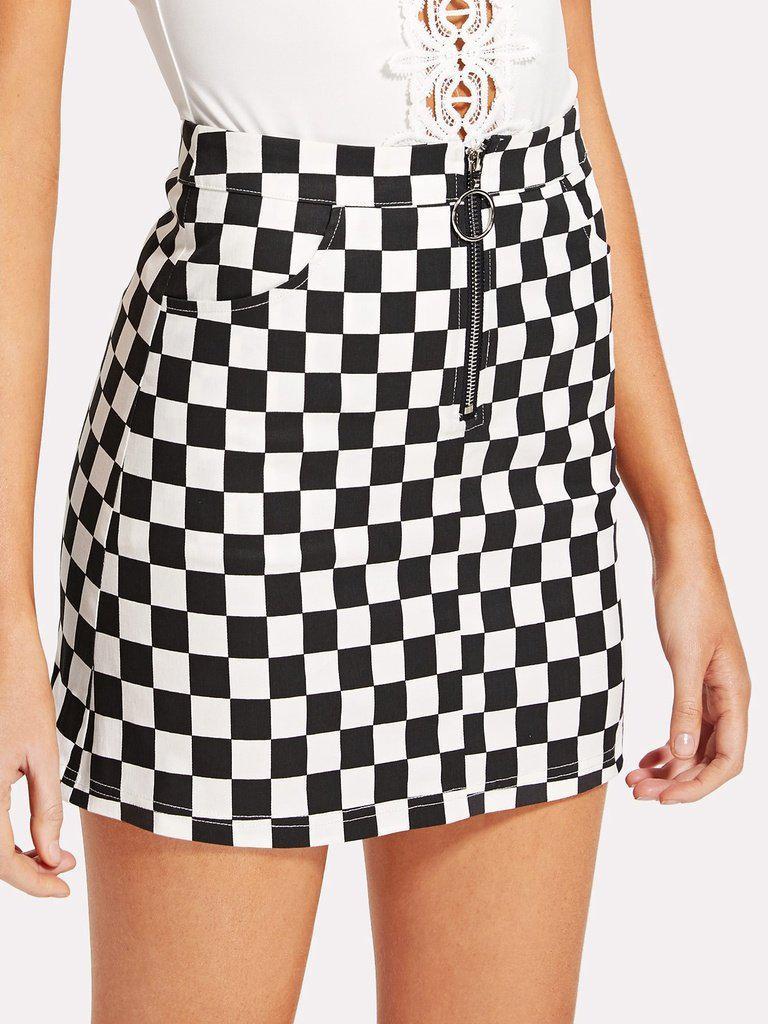 O-Ring Zipper Front Plaid Skirt-bottom-Des Mess