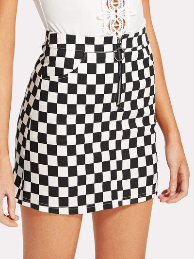 O-Ring Zipper Front Plaid Skirt-bottom-Des Mess