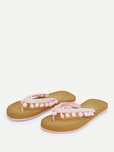 Pom Pom Decorated Flat Slippers-shoes-Des Mess