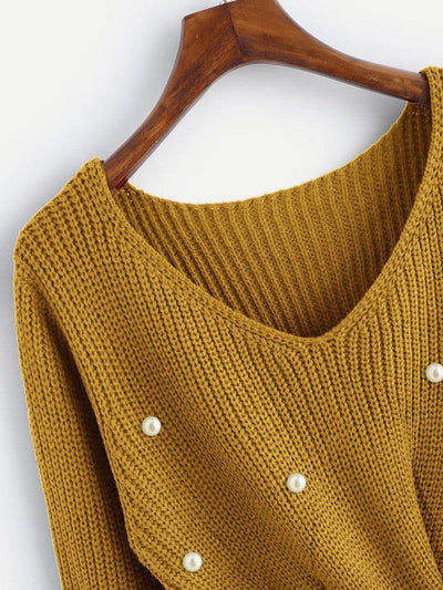 Pearl Beaded Detail Twist Sweater-outerwear-Des Mess