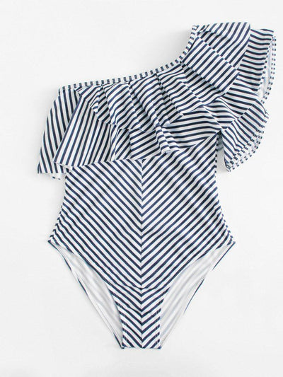 One Shoulder Ruffle Striped Swimsuit-swimwear-Des Mess