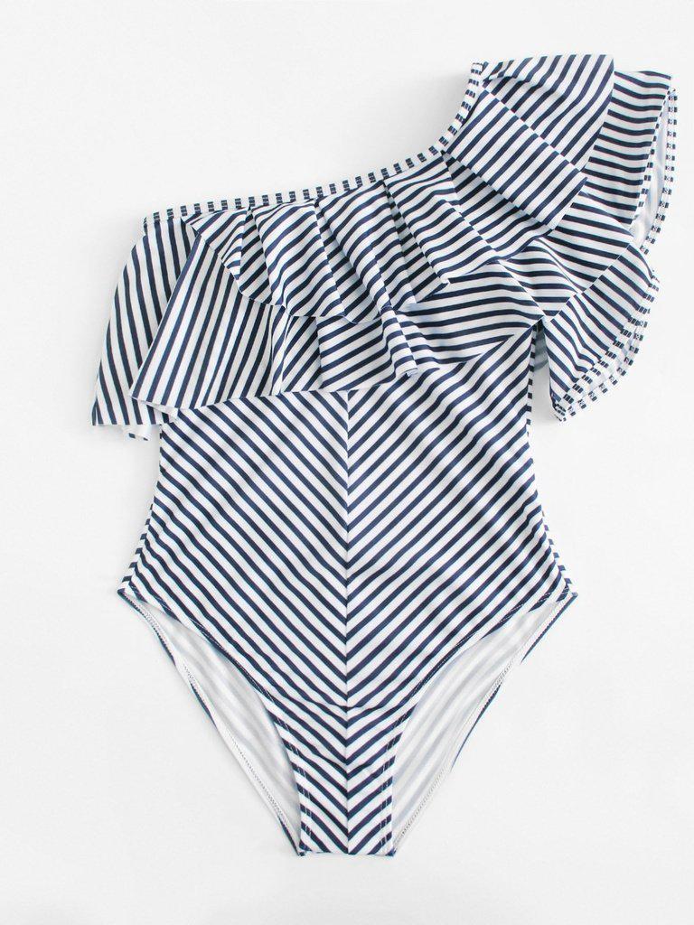 One Shoulder Ruffle Striped Swimsuit-swimwear-Des Mess