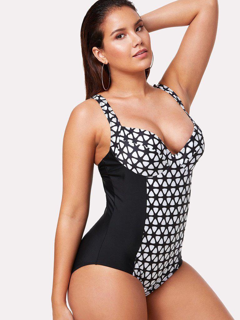 Geometric Pattern Two Tone Swimsuit-swimwear-Des Mess