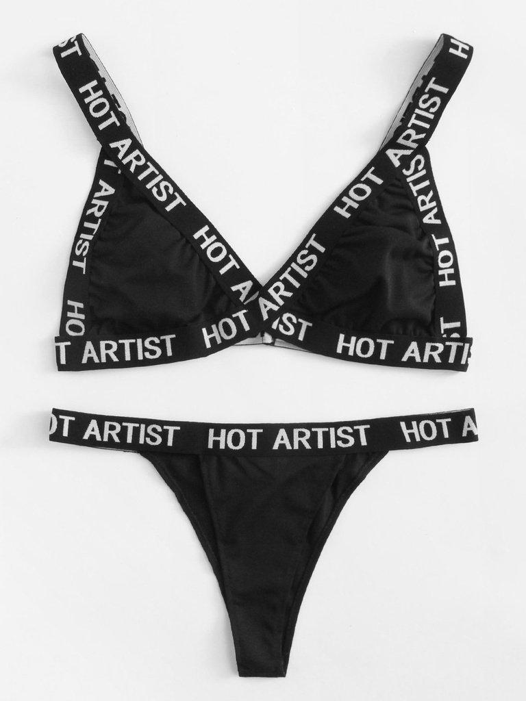 Letter Print Trim Lingerie Set-lingerie-Des Mess