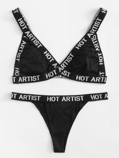 Letter Print Trim Lingerie Set-lingerie-Des Mess