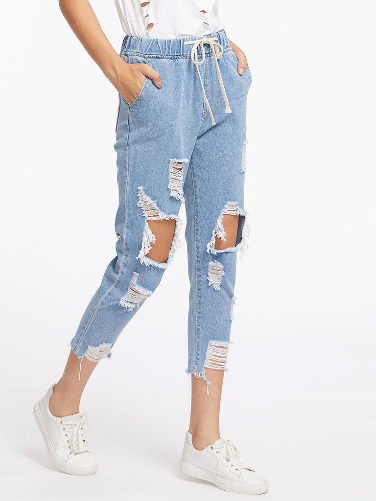 Destroyed Raw Hem Drawstring Waist Crop Jeans-bottom-Des Mess
