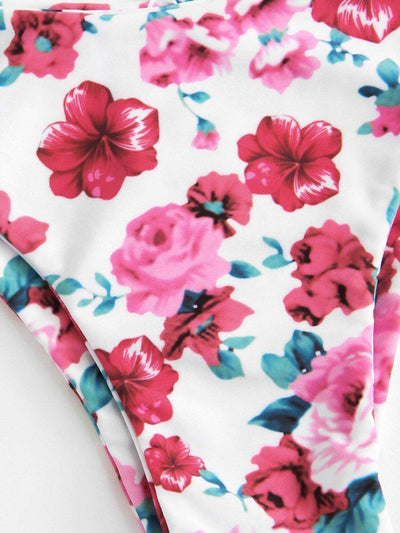 Floral Print Frill Trim Shirred Bikini Set-swimwear-Des Mess