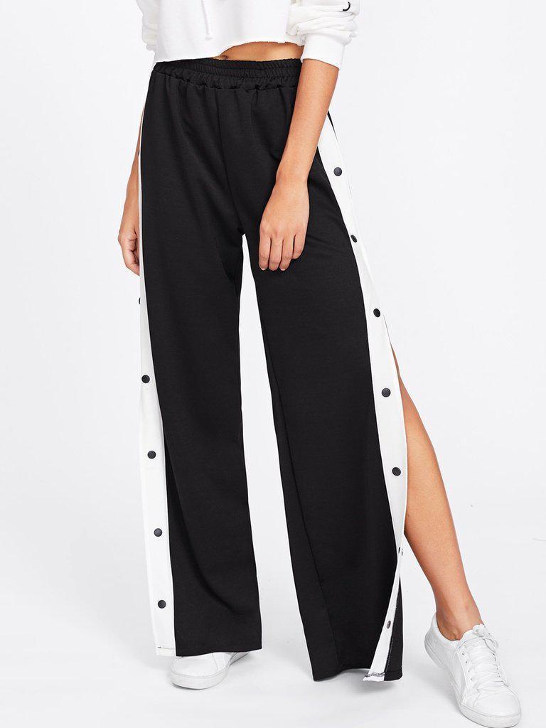 Tape Button Side Wide Leg Pants-bottom-Des Mess