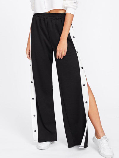 Tape Button Side Wide Leg Pants-bottom-Des Mess