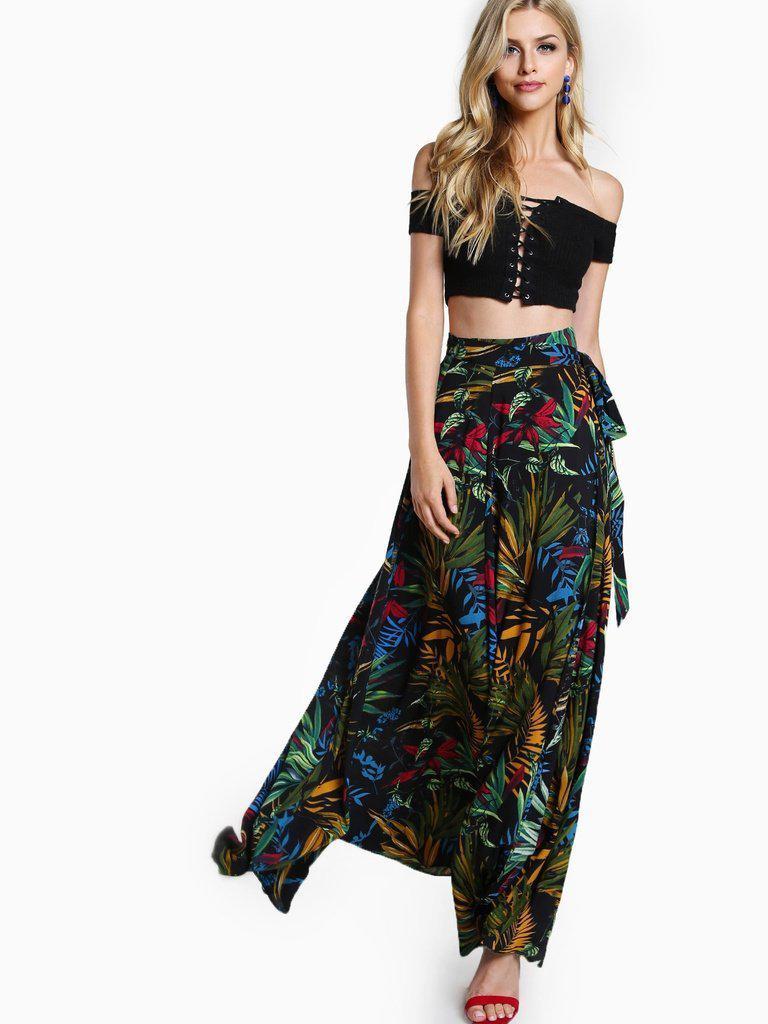 Tropical Print Self Tie Wrap Skirt-bottom-Des Mess
