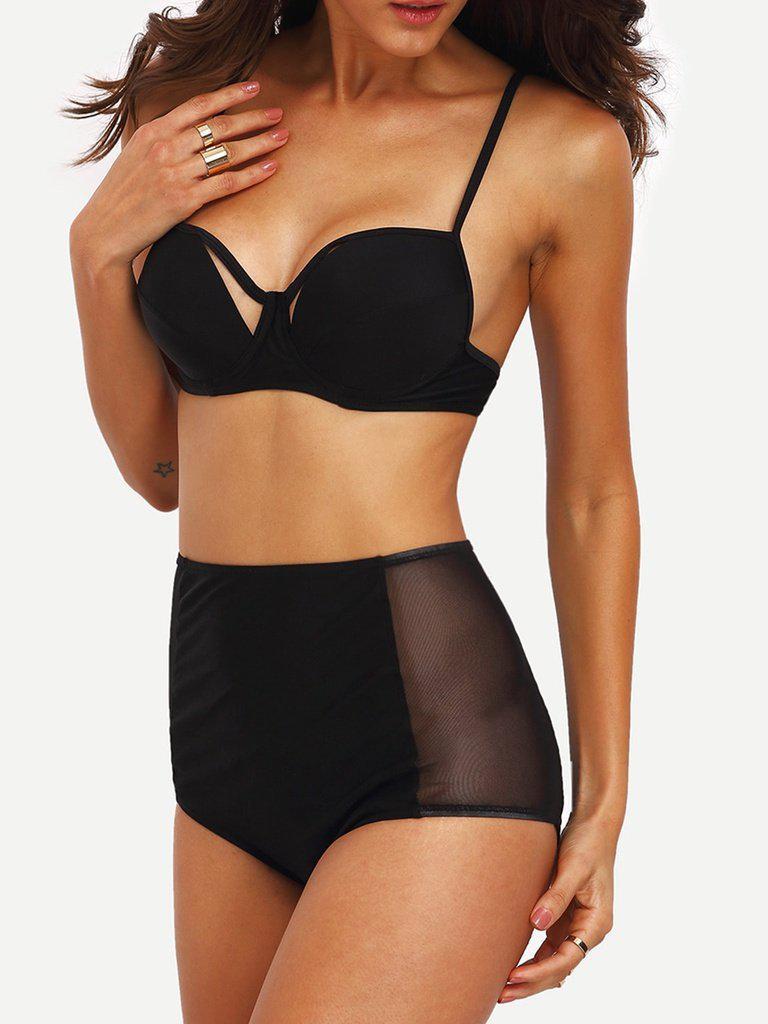 Cutout Mesh Panel High Waist Bikini Set-swimwear-Des Mess