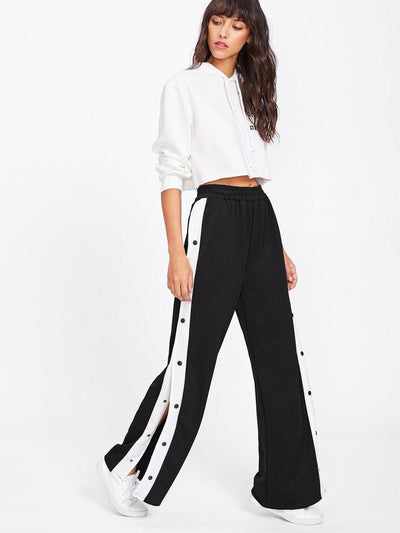 Tape Button Side Wide Leg Pants-bottom-Des Mess