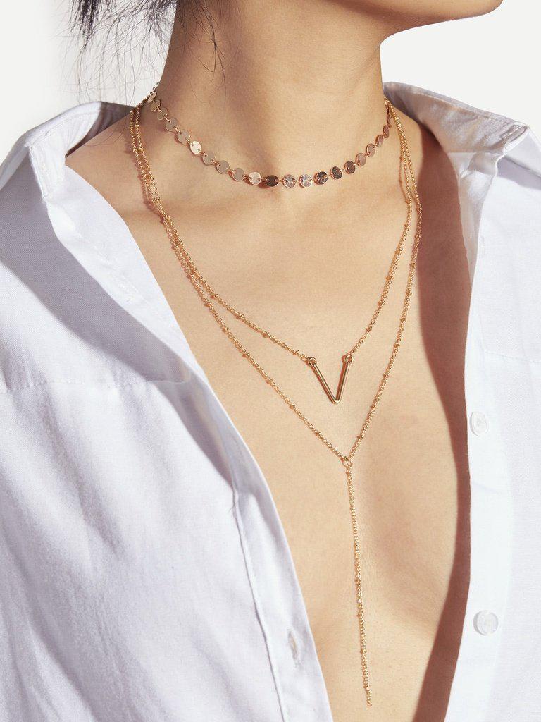 Letter V & Sequin Detail Layered Chain Necklace-jewelry-Des Mess