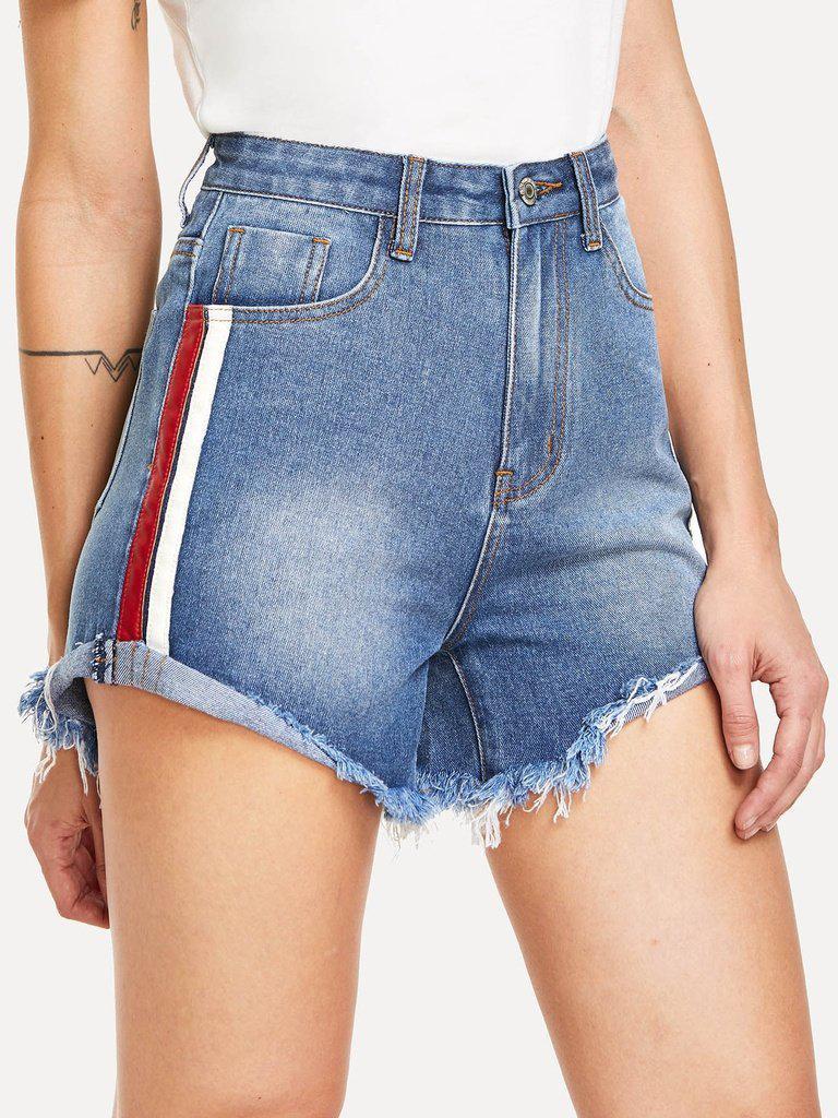 Striped Side Raw Hem Denim Shorts-bottom-Des Mess