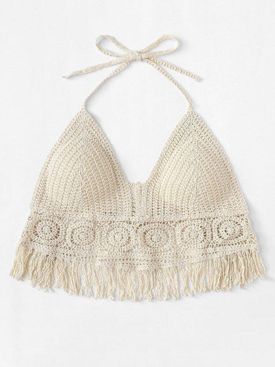Hollow Out Fringe Hem Crocheted Halter Top--Des Mess