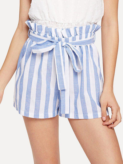 Self Belted Frill Waist Stripe Shorts-bottom-Des Mess