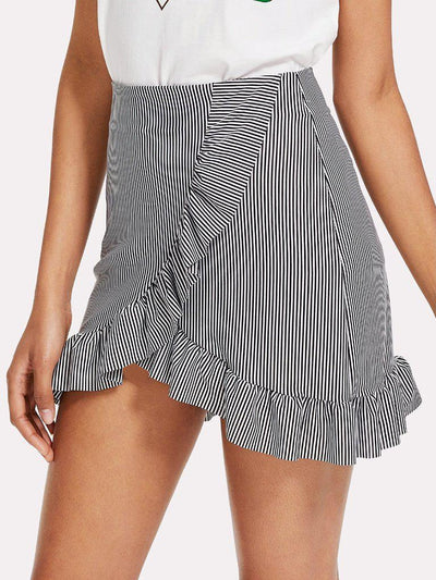 Striped Ruffle Hem Overlap Skirt-bottom-Des Mess