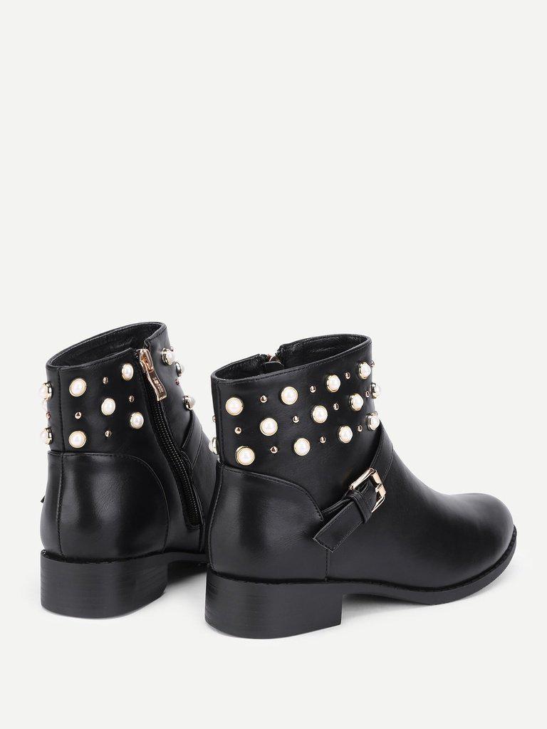 Faux Pearl Detail PU Ankle Boots-shoes-Des Mess